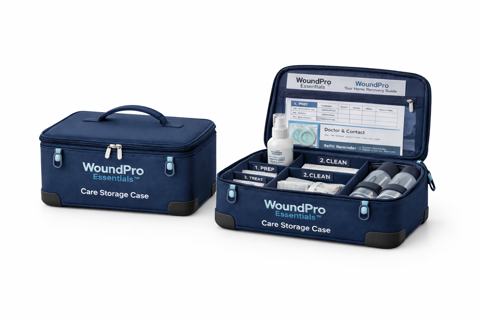 WoundPro Essentials care storage case wound care organizer Portable wound care kit organizer case with labeled compartments Home wound care supplies storage case WoundPro Essentials