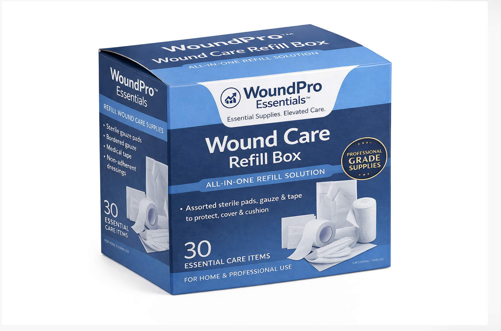 Wound care refill box designed to restock essential medical supplies