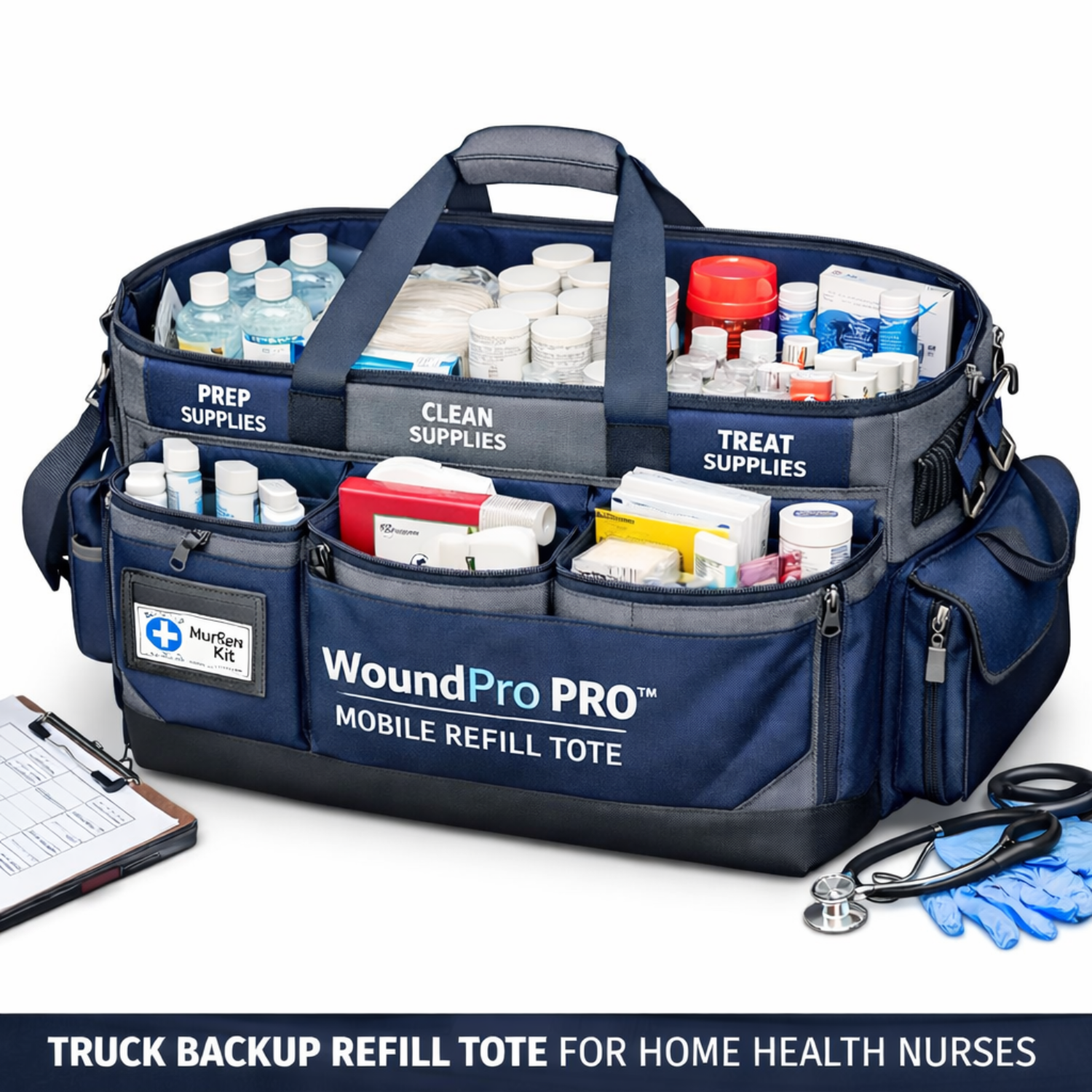 Professional mobile refill tote designed for backup wound care supplie