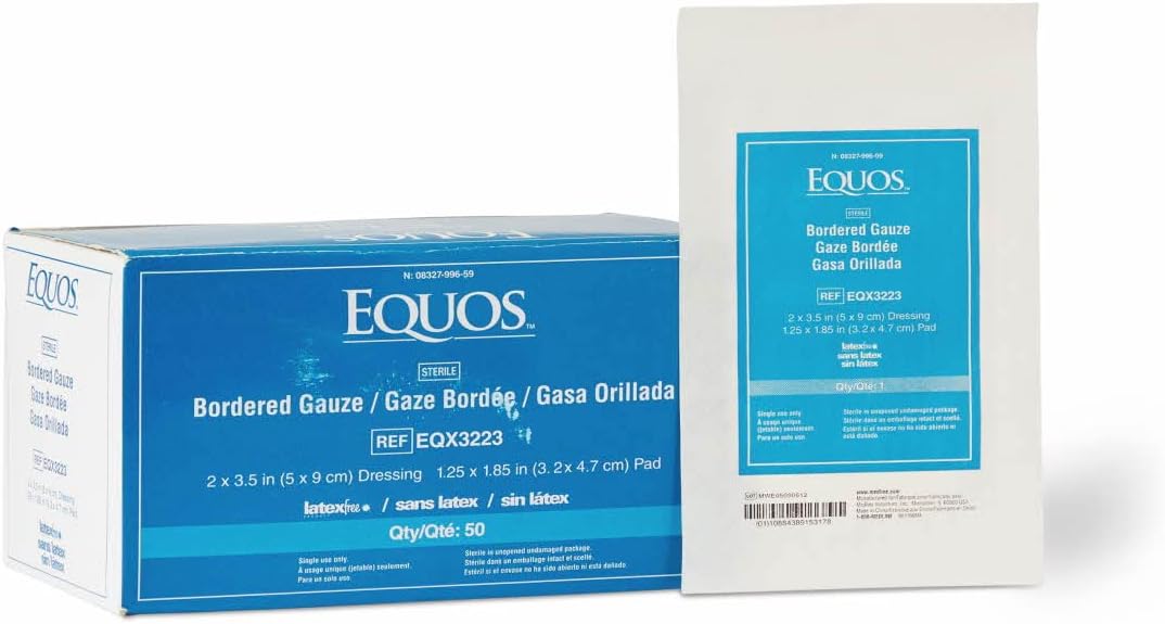 Sterile bordered gauze dressing with adhesive border for wound care